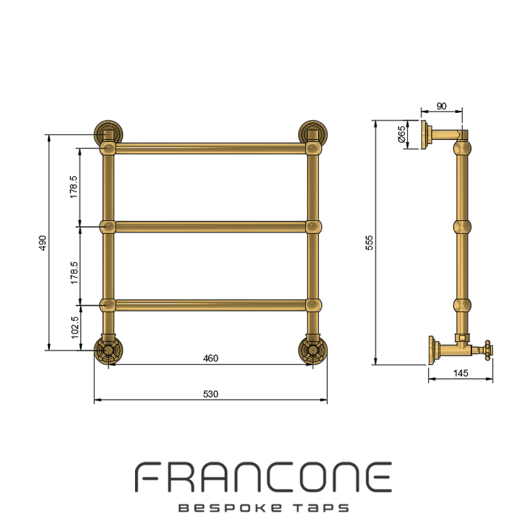 Technical drawing with dimensions for the Francone BTR16 traditional solid brass bathroom heated towel rail.