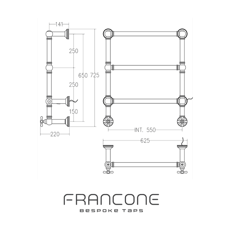 Technical drawing with dimensions for the Francone BTR2 solid brass classic dual fuel heated towel rail.