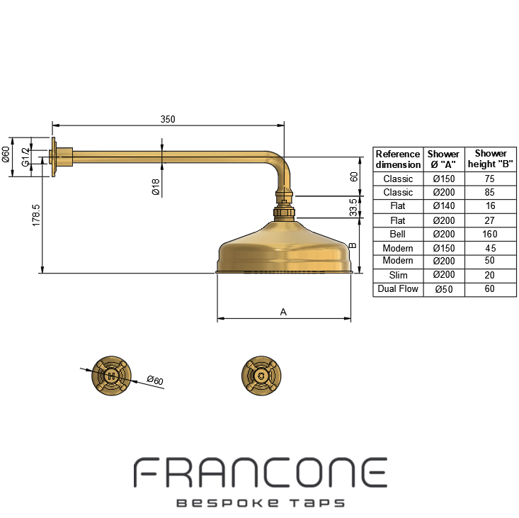 Technical drawing with dimensions for the Francone BTS10 traditional wall mounted shower set in solid brass.