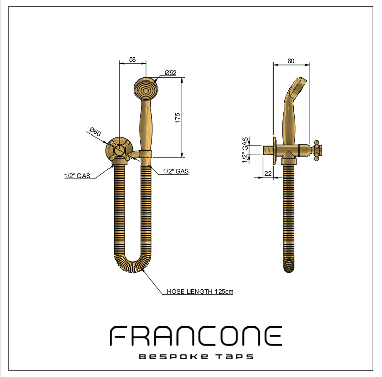 Technical drawing with dimensions for the Francone BTS20 traditional solid brass wall-mounted hand shower.