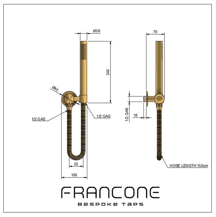 Technical drawing with dimensions for the Francone BTS23M wall-mounted solid brass hand-held shower.
