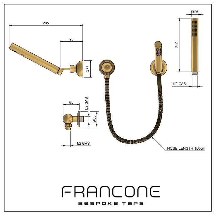 Technical drawing with dimensions for the Francone BTS23PM solid brass wall-mounted modern hand shower.