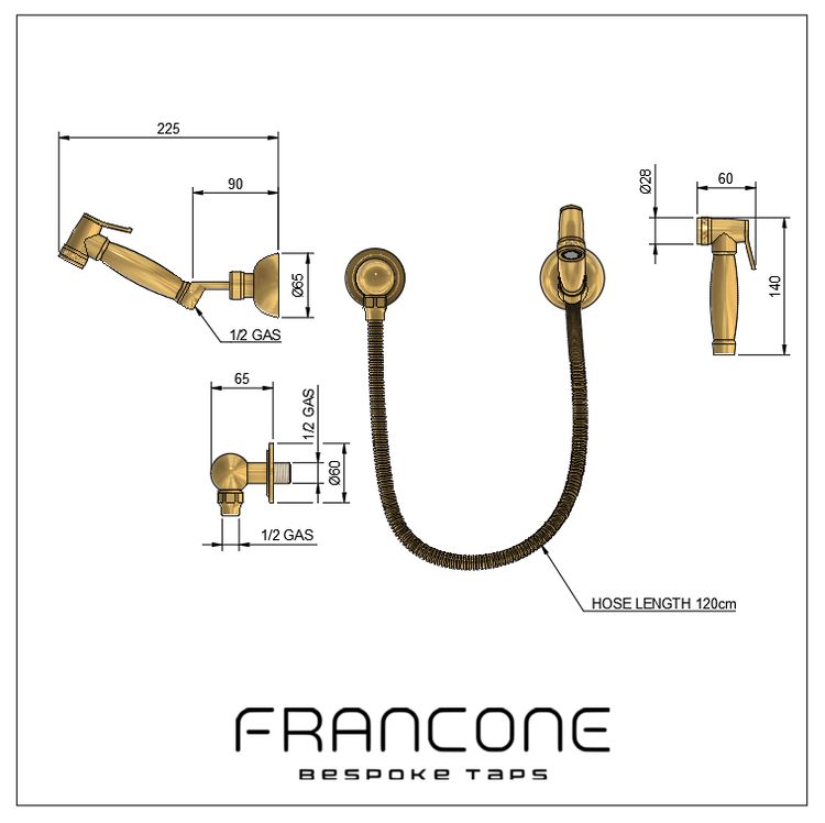 Technical drawing with dimensions for the Francone BTS23PS solid brass wall-mounted hand shower set.