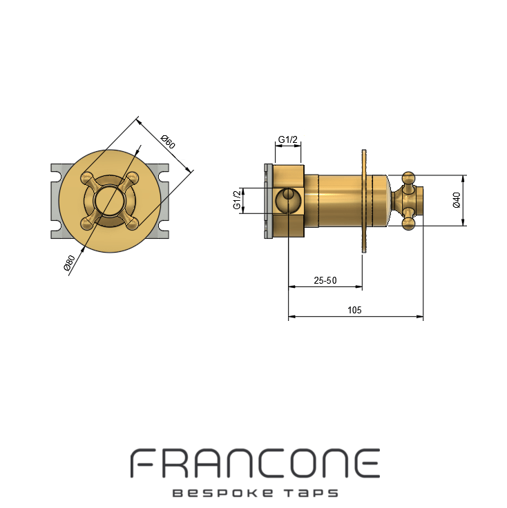 Technical drawing with dimensions for the Francone BTS31 progressive solid brass shower mixer faucet.