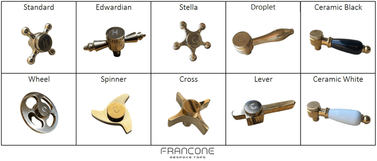 A selection of bespoke solid brass handle options for the Francone BTS31 progressive shower mixer faucet.