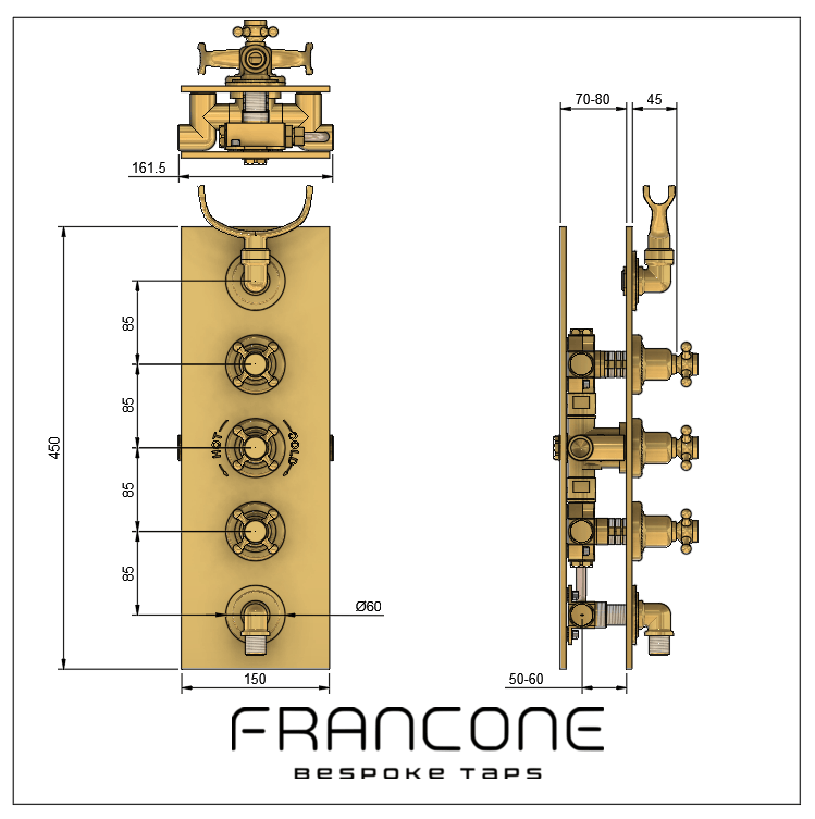 Technical drawing with dimensions for the Francone BTS40 solid brass concealed thermostatic shower.