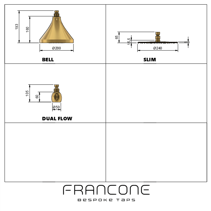 Technical drawing with dimensions for the Francone BTS41D solid brass shower head options.
