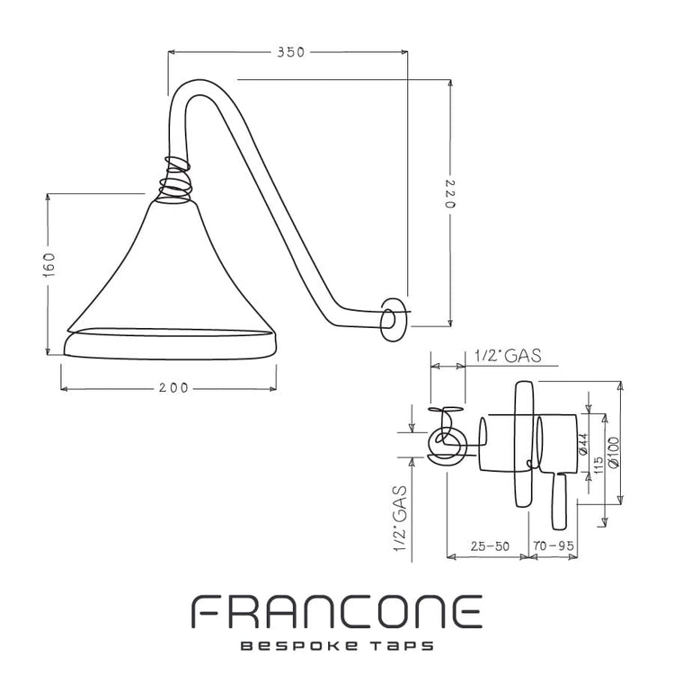 Technical drawing with dimensions for the Francone BTS55 solid brass wall mounted progressive shower mixer.