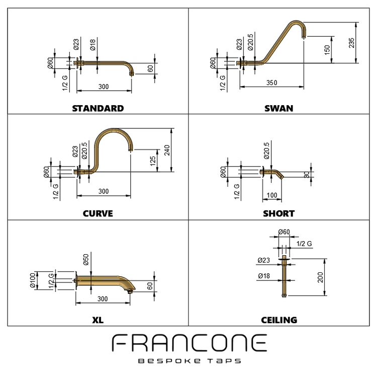 Technical drawing with dimensions for the Francone BTSA solid brass shower arm design options.