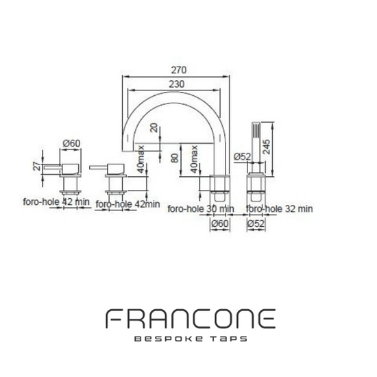 Technical drawing with dimensions for the Francone SS52 solid brass bath filler mixer tap and faucet.