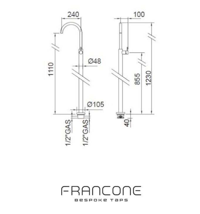 Technical drawing with dimensions for the Francone SS77 solid brass floor-mounted tap and faucet mixer.