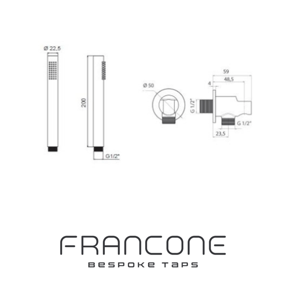 Francone SSS23 wall-mounted hand-held brass shower technical drawing with dimensions.