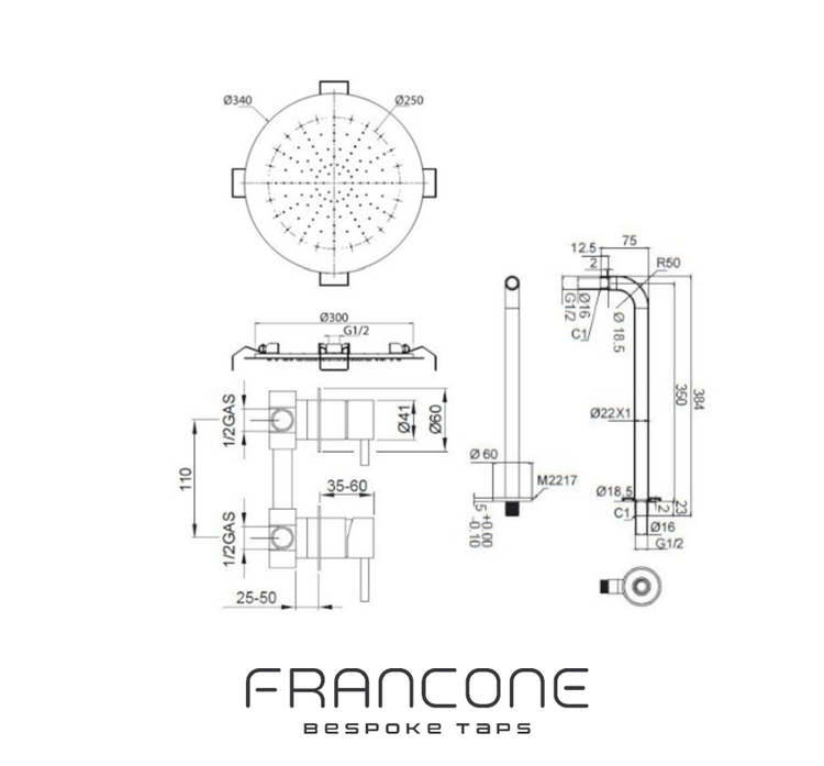 Technical drawing with dimensions for the Francone SSS6 Classic wall-mounted solid brass shower with mixer.