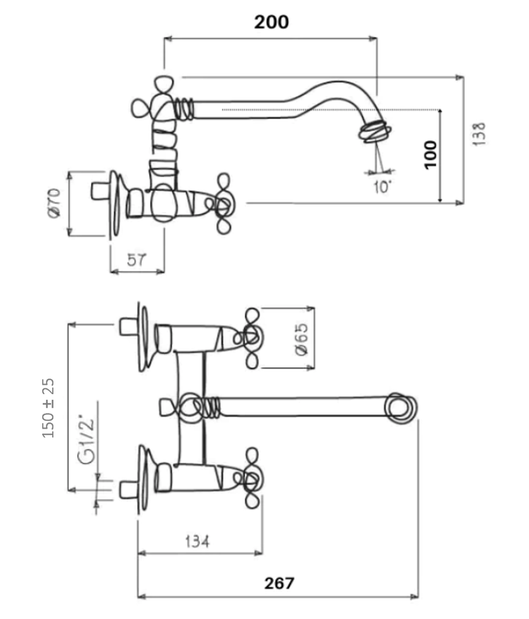Technical drawing with dimensions for the Francone BT12 traditional wall-mounted bathroom faucet.