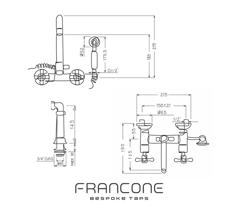 Technical drawing with dimensions for the traditional Francone BT22D solid brass deck-mounted bath filler faucet.