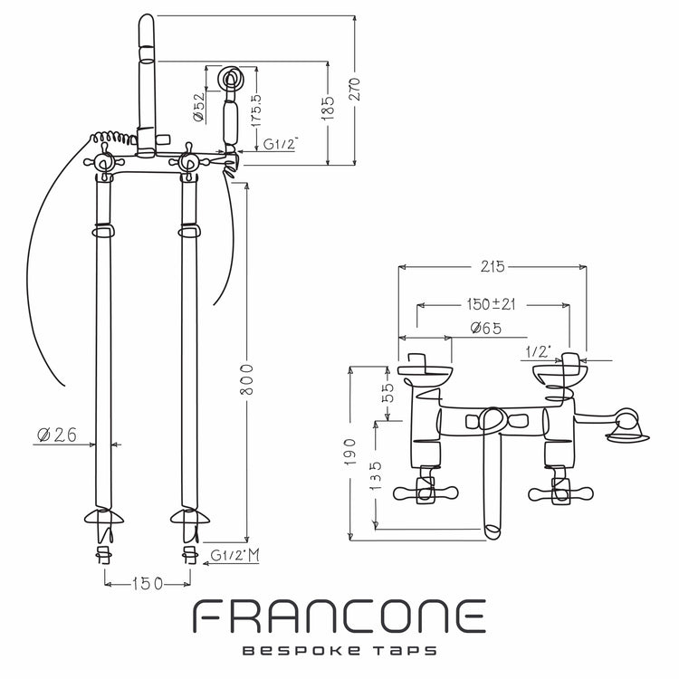 Technical drawing with dimensions for the Francone BT22F traditional floor-mounted brass bath filler faucet.