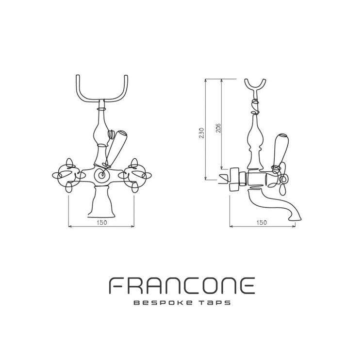Technical drawing with dimensions for the Francone BT23 traditional wall-mounted bath faucet.
