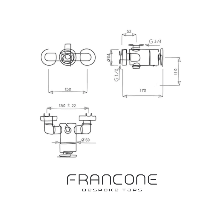 Technical drawing with dimensions for the Francone BT23TF solid brass thermostatic bath filler tap.
