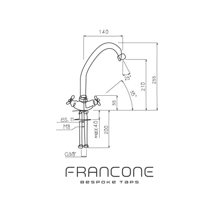 Technical drawing with dimensions for the Francone BT24 traditional deck-mounted swivel spout faucet.