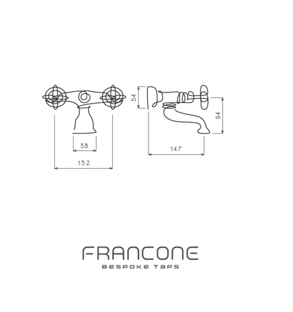Technical drawing with dimensions for the Francone BT25F floor-mounted solid brass bathroom tap.