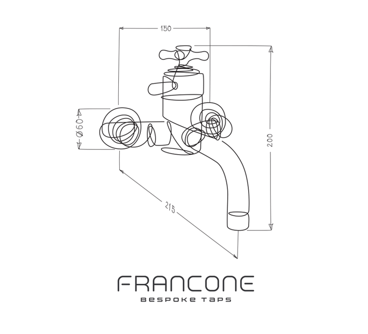 Technical drawing with dimensions for the Francone BT34TW wall-mounted thermostatic solid brass bath filler tap.