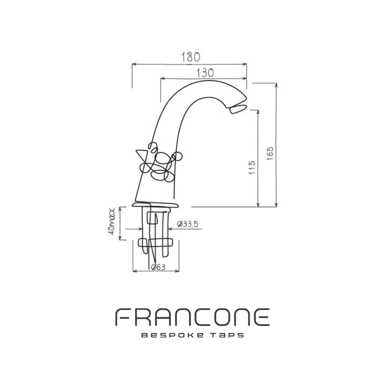Technical drawing with dimensions for the Francone BT37 traditional deck-mounted bathroom tap faucet.