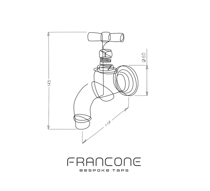 Technical drawing with dimensions for the Francone BT74 traditional solid brass bib tap faucet.