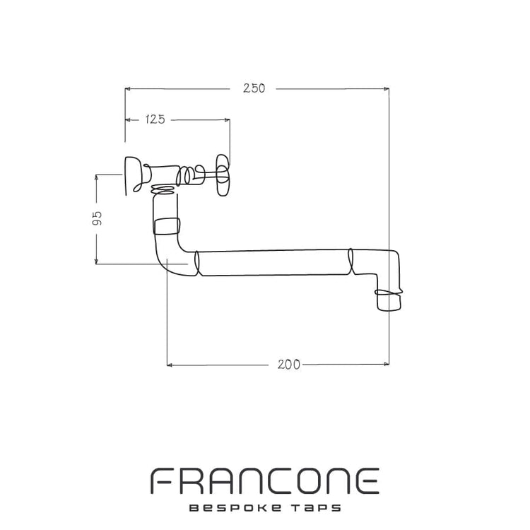 Technical drawing with dimensions for the Francone BT76 wall-mounted solid brass swivel spout faucet.