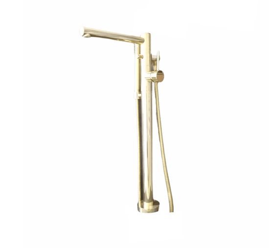 Francone BT77 floor mounted bathroom faucet with hand shower in unlacquered brass.
