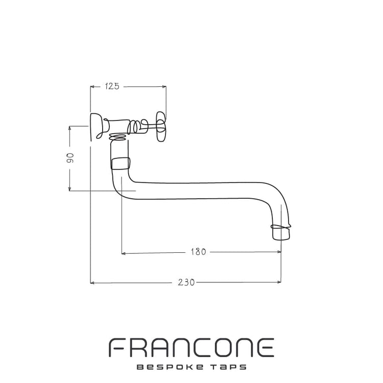 Technical drawing with dimensions for the Francone BT9 traditional wall-mounted solid brass tap.