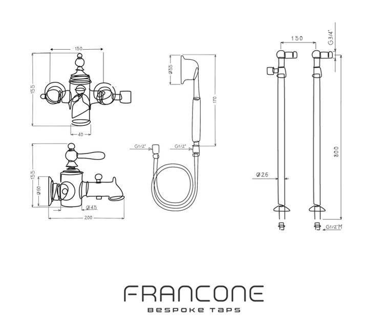 Technical drawing with dimensions for the Francone BT95F solid brass floor-mounted bath mixer tap and hand shower.
