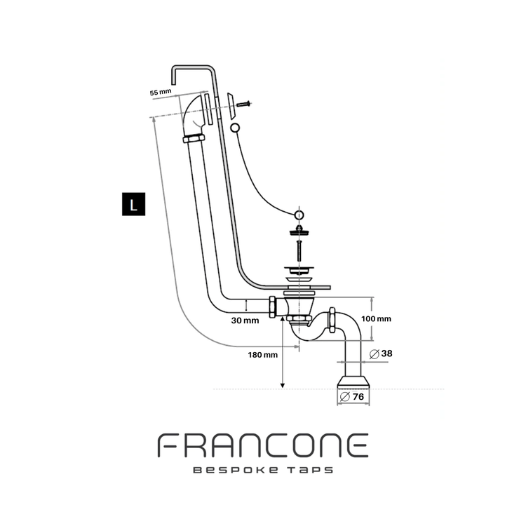 Technical drawing with dimensions of the Francone BTA10 solid brass bath waste and overflow for exposed bathtubs.