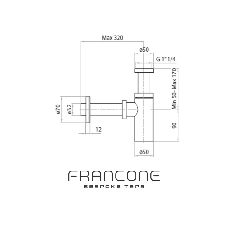 Technical drawing with dimensions for the Francone BTA19 solid brass bottle trap for bathrooms.