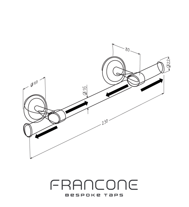 Technical drawing with dimensions for the Francone BTA21 solid brass single adjustable pull bar.