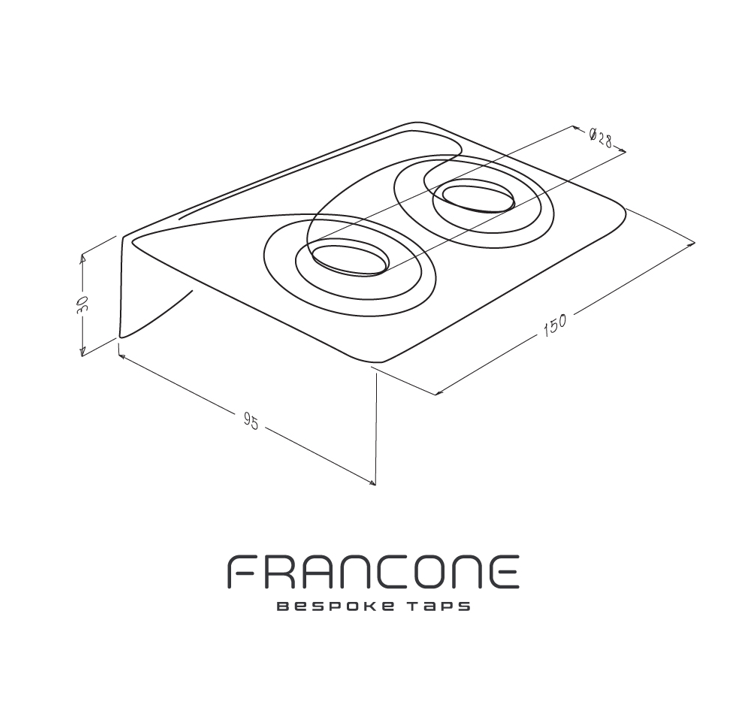 Technical drawing with dimensions for the Francone BTA27 double soap bottle holder in solid brass.