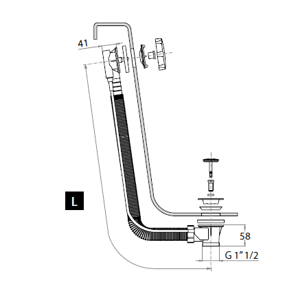 Technical drawing with dimensions for the Francone BTA8 traditional bath pop-up waste with overflow.