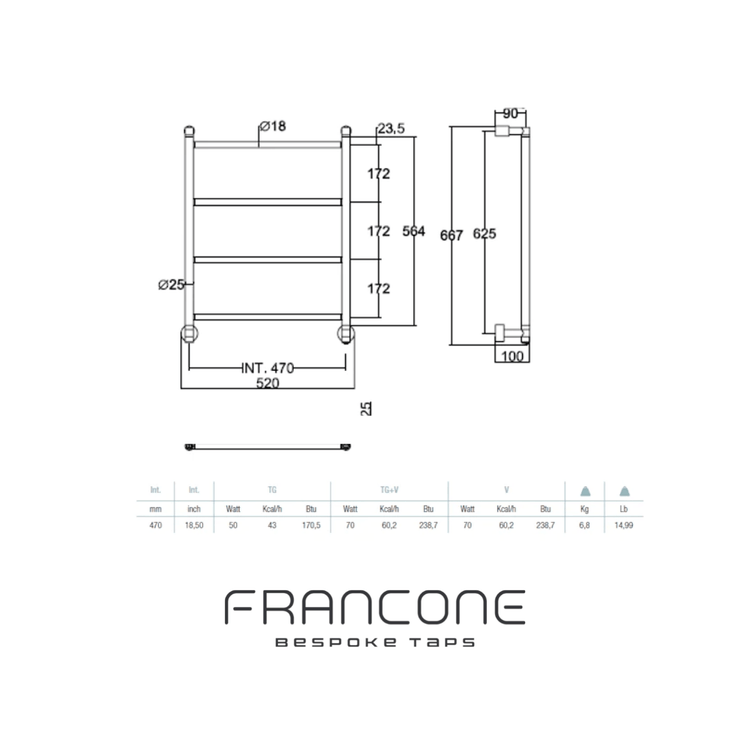 Technical drawing with dimensions for the Francone BTR13 solid brass electric heated towel rail with 4 bars.