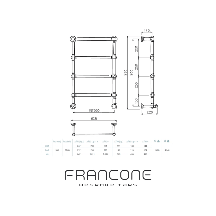 Technical drawing with dimensions for the Francone BTR17 brass heated towel rail radiator.