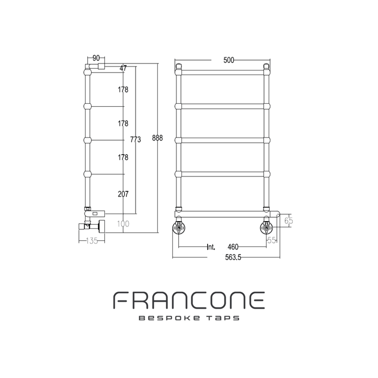 Technical drawing with dimensions for the Francone BTR19 solid brass traditional heated towel rail.