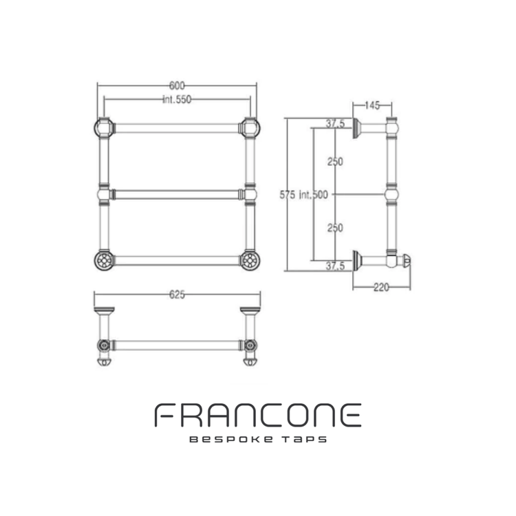 Technical drawing with dimensions for the Francone BTR3 traditional heated brass towel rail.