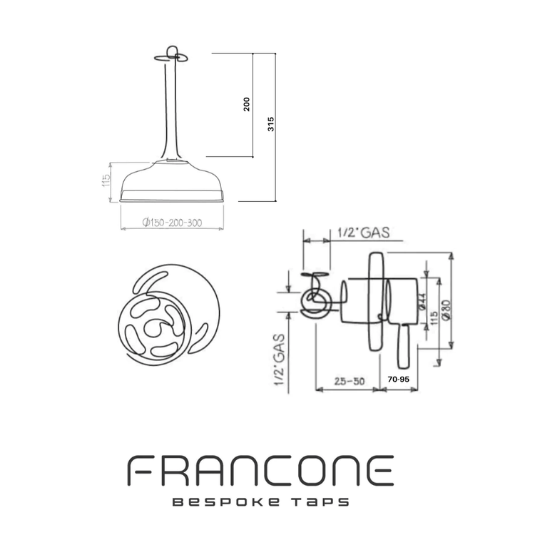 Technical drawing with dimensions for the Francone BTS16 ceiling mounted bathroom shower with progressive mixer.