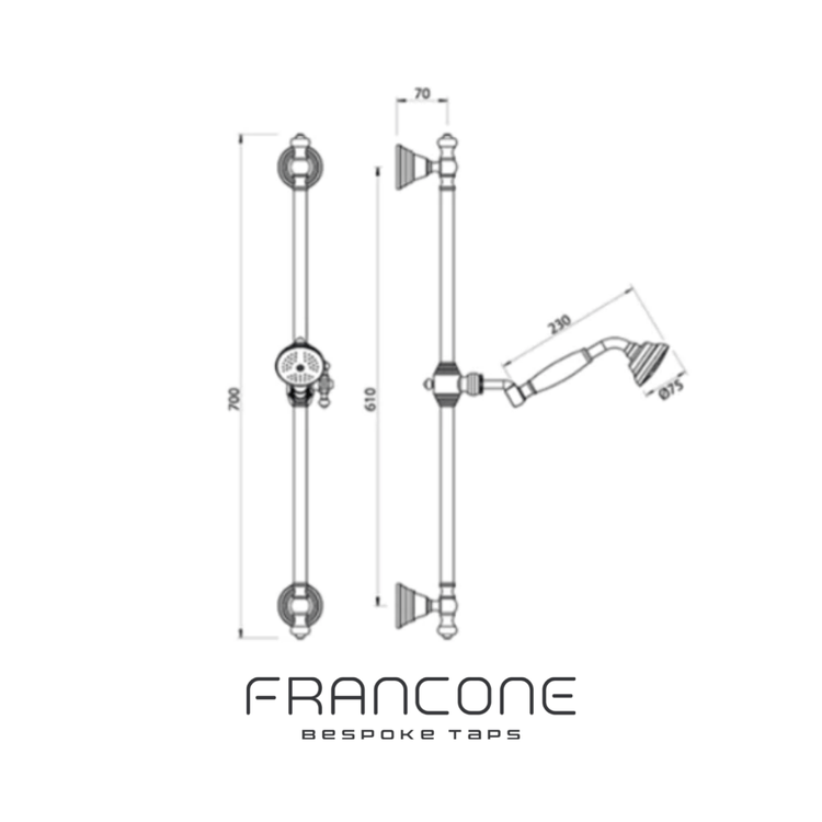 Technical drawing with dimensions for the Francone BTS25 traditional solid brass sliding shower rail.