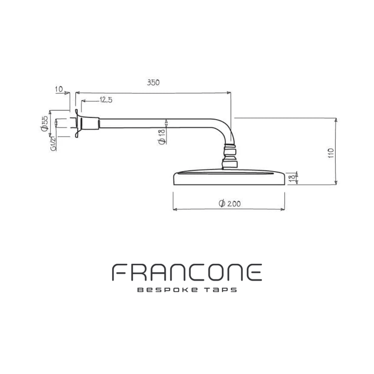 Technical drawing with dimensions for the Francone BTS35 solid brass wall mounted shower head and arm.