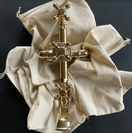 The unlacquered brass Francone BTS48 exposed thermostatic shower valve with a bath filler spout and crosshead handles.