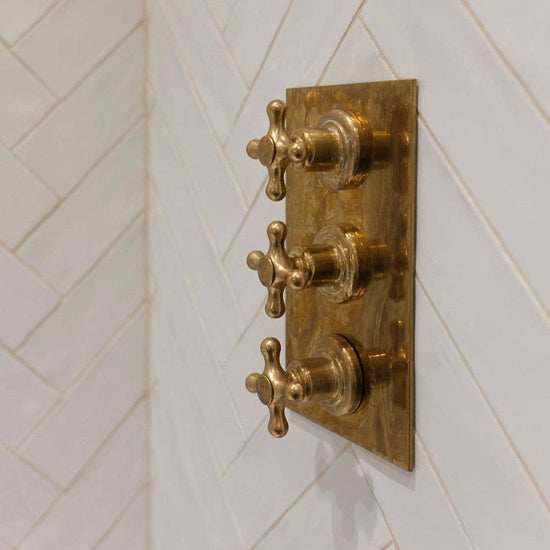 Francone BTS53 unlacquered brass traditional thermostatic shower control plate installed on tiled bathroom wall.