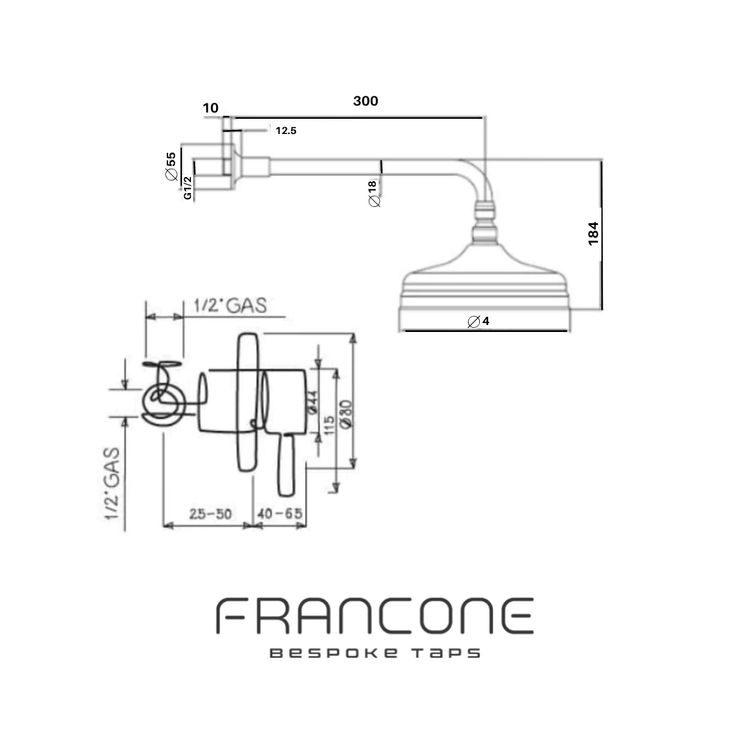 Technical drawing with dimensions for the Francone BTS6 Classic wall-mounted shower and mixer faucet.