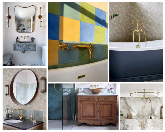 focal points in a bathrrom like large mirrors, bold tiles, statement vanity, striking shower