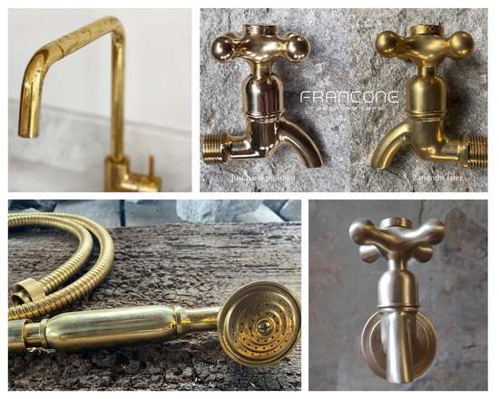 Unlacquered brass taps before and after 