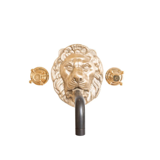 Finishes here are Unlacquered Satin Brass US for the Lionhead, handles in Unlacquered Brass UB and spout in Gunmetal GM