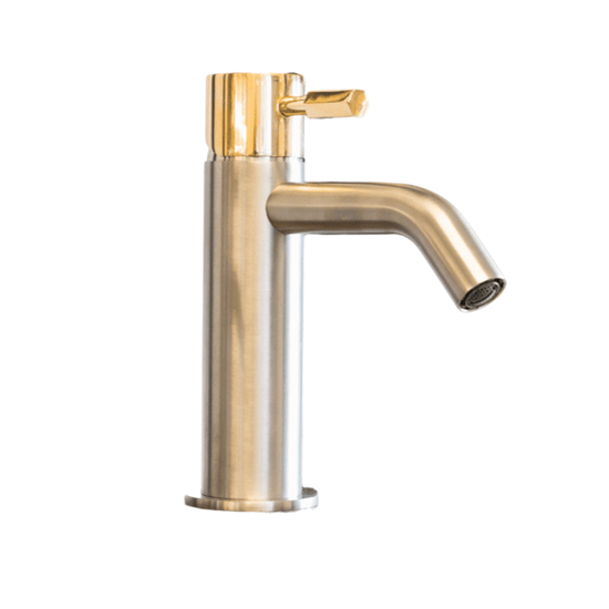 SS64 Deck mounted mixer tap in stainless steel & with brass handle